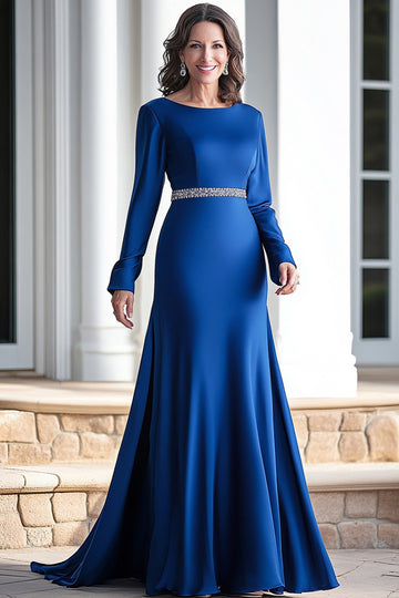 Satin A Line Royal Blue Scoop Long Sleeve Mother of the Bride Dress with Beaded Belt